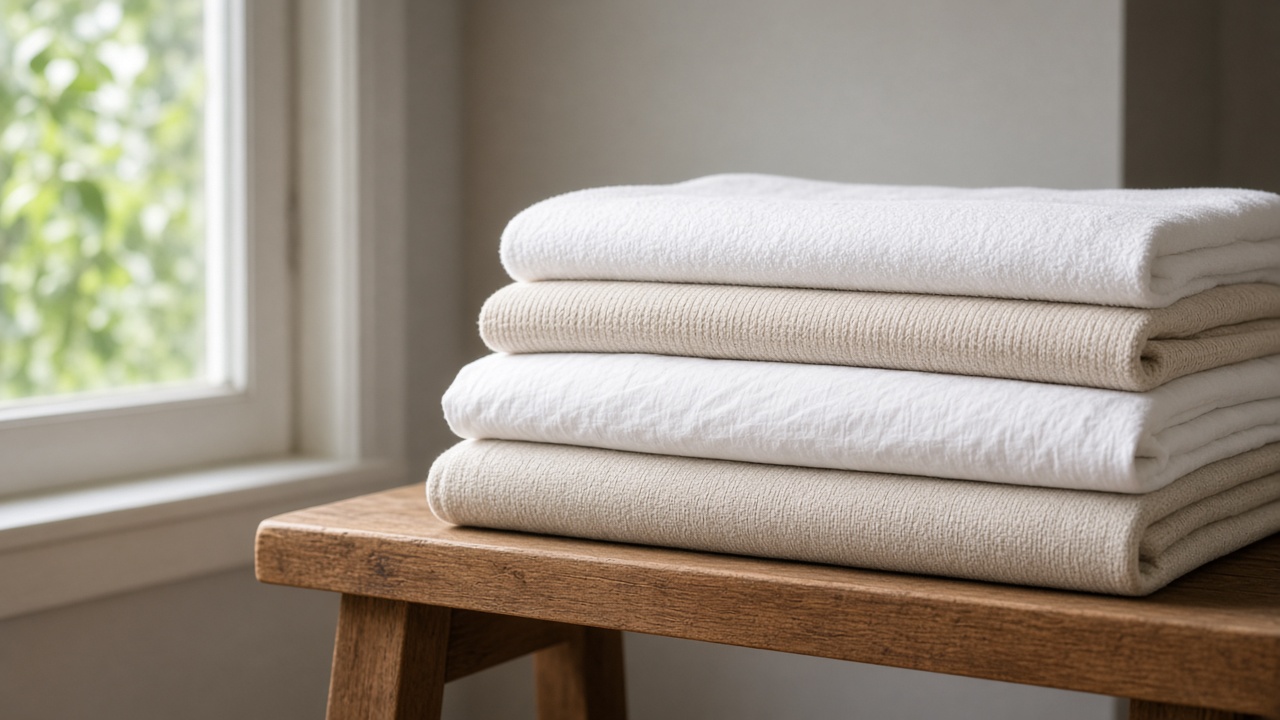 Folded bed linens in morning light
