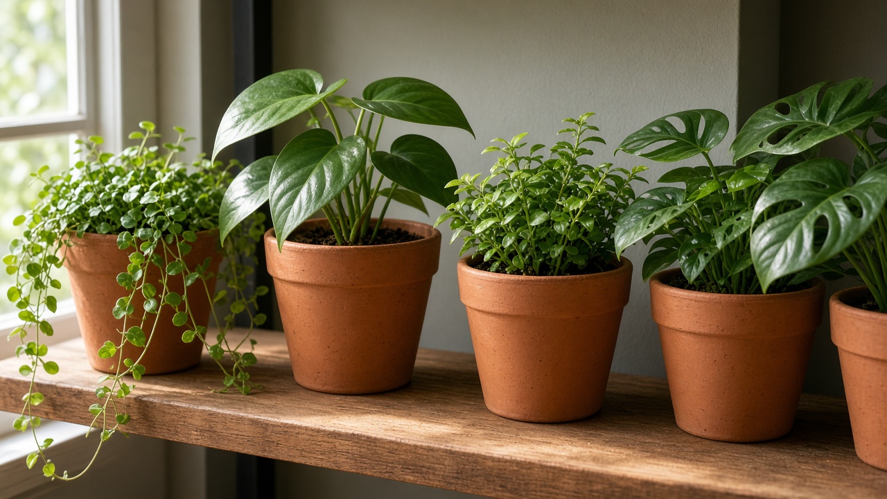 Terracotta planters on a wooden shelf